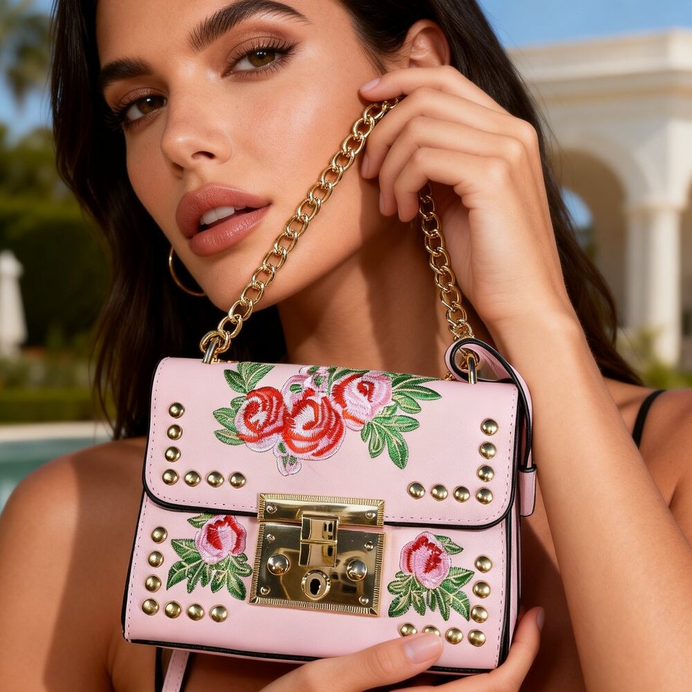 Rosa Pink Faux Leather Studded Bag Flower Embroidered Crossbody Purse - Picture 2 of 4